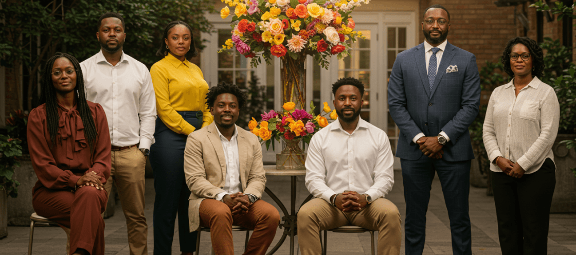 A group of people standing and sitting