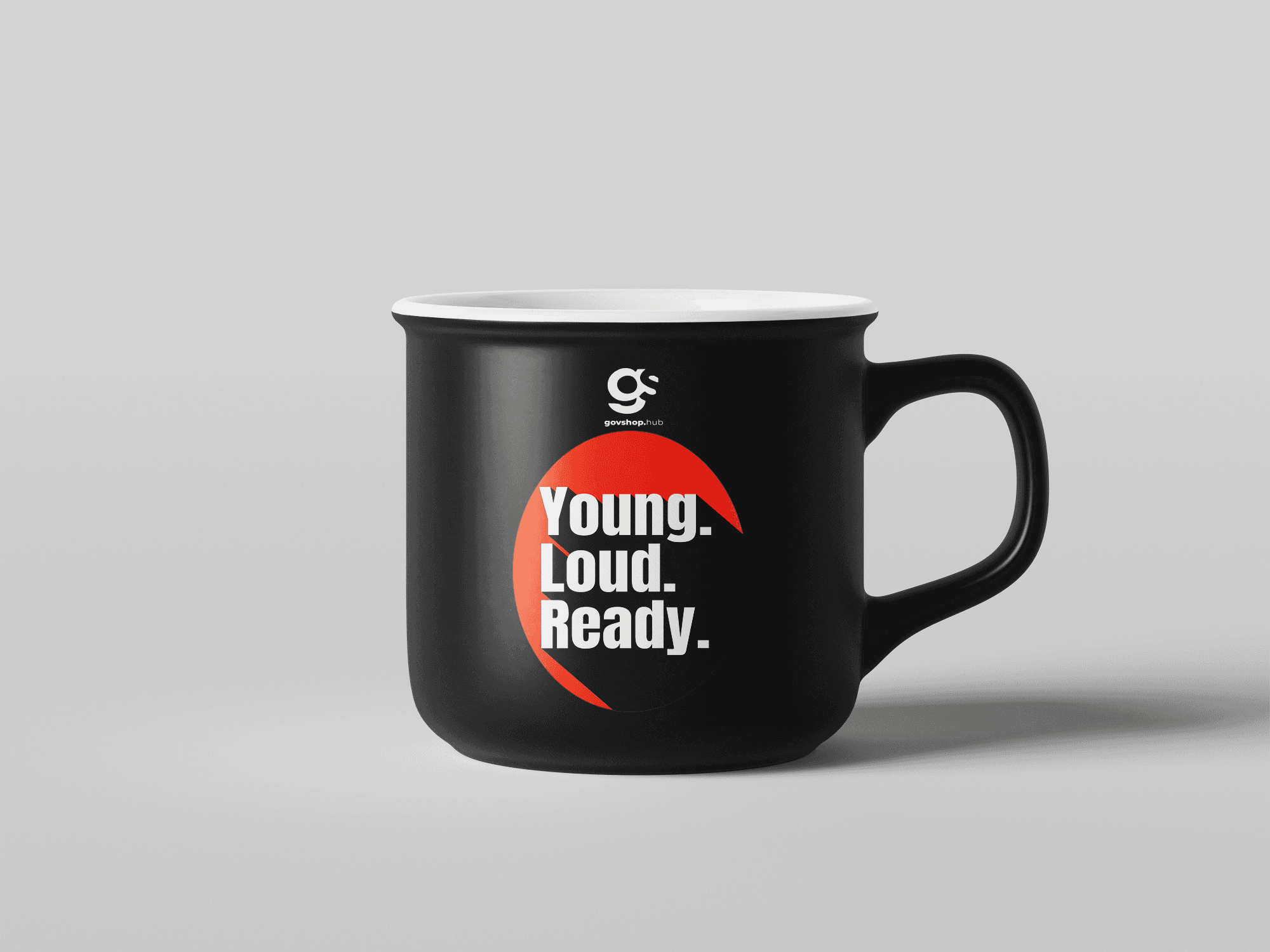Mockup cups young. loud. ready.